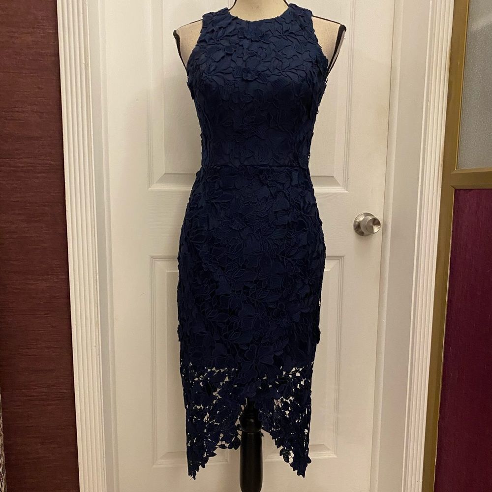 Betsy Adam navy blue midi lace dress, size 4